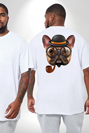 Köpek Pug Gözlüklü Büyük Beden Beyaz Tişört Kadın Erkek Ünisex Sırt Baskılı