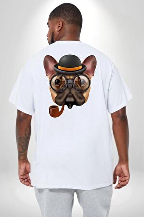 Köpek Pug Gözlüklü Büyük Beden Beyaz Tişört Kadın Erkek Ünisex Sırt Baskılı