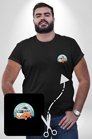 Wolkswagen Karavan Kış Gezisi Siyah Büyük Beden Kadın Basic Minimal Baskılı Tişört