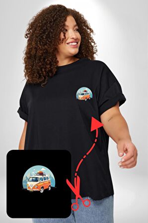 Wolkswagen Karavan Kış Gezisi Siyah Büyük Beden Kadın Basic Minimal Baskılı Tişört