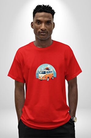 Wolkswagen Karavan Kış Gezisi Pamuklu Bisiklet Yaka Kadın Erkek Oversize Boyfriend Dijital Baskılı Kırmızı T-Shirt