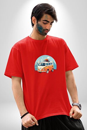 Wolkswagen Karavan Kış Gezisi Pamuklu Bisiklet Yaka Kadın Erkek Oversize Boyfriend Dijital Baskılı Kırmızı T-Shirt