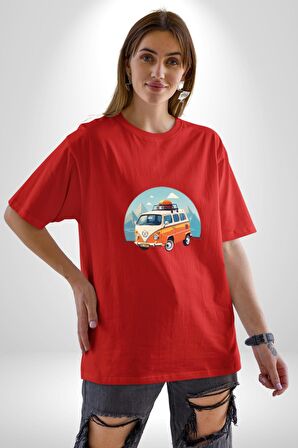 Wolkswagen Karavan Kış Gezisi Pamuklu Bisiklet Yaka Kadın Erkek Oversize Boyfriend Dijital Baskılı Kırmızı T-Shirt