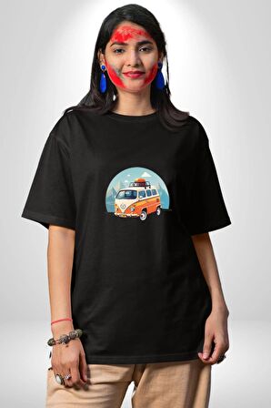 Wolkswagen Karavan Kış Gezisi Pamuklu Bisiklet Yaka Kadın Erkek Oversize Boyfriend Dijital Baskılı Siyah T-shirt
