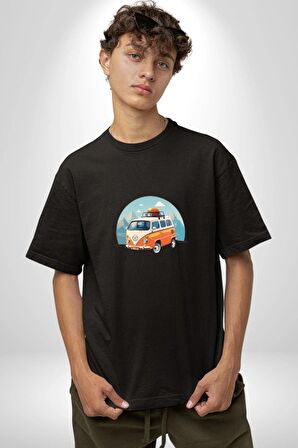Wolkswagen Karavan Kış Gezisi Pamuklu Bisiklet Yaka Kadın Erkek Oversize Boyfriend Dijital Baskılı Siyah T-shirt