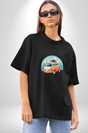 Wolkswagen Karavan Kış Gezisi Pamuklu Bisiklet Yaka Kadın Erkek Oversize Boyfriend Dijital Baskılı Siyah T-shirt