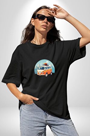 Wolkswagen Karavan Kış Gezisi Pamuklu Bisiklet Yaka Kadın Erkek Oversize Boyfriend Dijital Baskılı Siyah T-shirt