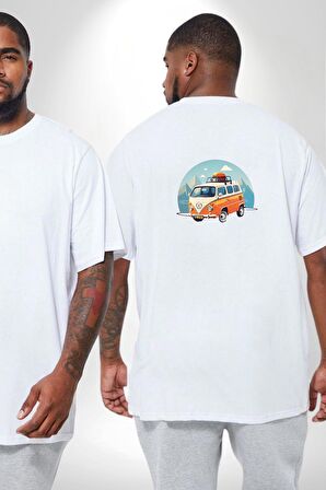 Wolkswagen Karavan Kış Gezisi Büyük Beden Beyaz Tişört Kadın Erkek Ünisex Sırt Baskılı