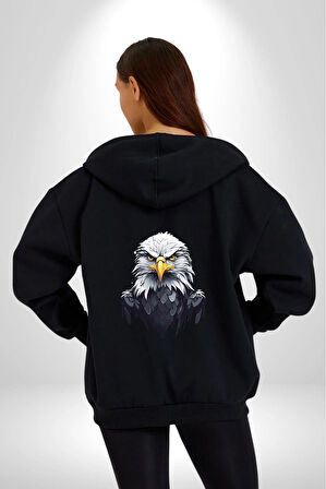Siyah Beyaz Şahin Kafası  Kadın Erkek Siyah Renk Kapüşonlu Kanguru Cepli  Fermuarlı Pamuklu Oversize Dijital Baskılı Hırka Sweatshirt