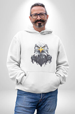 Siyah Beyaz Şahin Kafası  Kadın Erkek  Beyaz Kapüşonlu Sweatshirt Hoodie