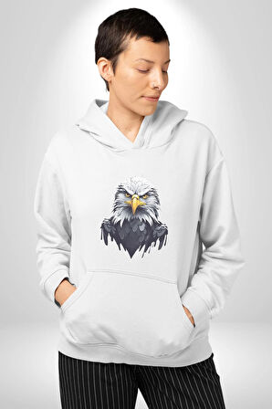 Siyah Beyaz Şahin Kafası  Kadın Erkek  Beyaz Kapüşonlu Sweatshirt Hoodie
