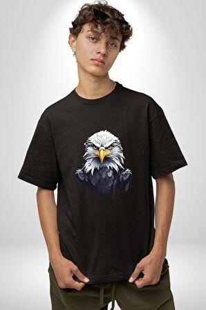 Siyah Beyaz Şahin Kafası  Pamuklu Bisiklet Yaka Kadın Erkek Oversize Boyfriend Dijital Baskılı Siyah T-shirt