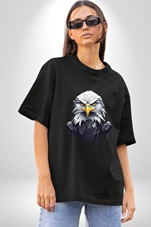 Siyah Beyaz Şahin Kafası  Pamuklu Bisiklet Yaka Kadın Erkek Oversize Boyfriend Dijital Baskılı Siyah T-shirt
