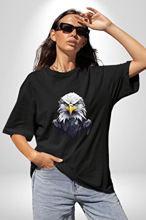 Siyah Beyaz Şahin Kafası  Pamuklu Bisiklet Yaka Kadın Erkek Oversize Boyfriend Dijital Baskılı Siyah T-shirt