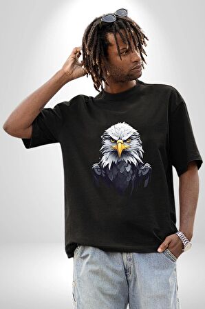 Siyah Beyaz Şahin Kafası  Pamuklu Bisiklet Yaka Kadın Erkek Oversize Boyfriend Dijital Baskılı Siyah T-shirt