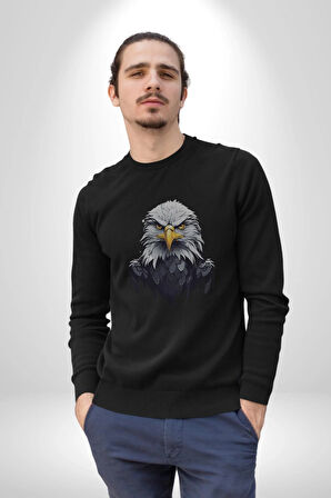 Siyah Beyaz Şahin Kafası  Kadın Erkek  Siyah Baskılı Sweatshirt 