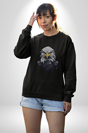 Siyah Beyaz Şahin Kafası  Kadın Erkek  Siyah Baskılı Sweatshirt 