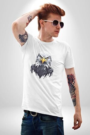 Siyah Beyaz Şahin Kafası  Kadın Erkek Unisex Beyaz Organik Baskılı T-Shirt Penye Yüksek Kalite
