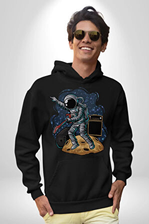 Gitar Astronot Müzik Uzay Kadın Erkek  Siyah Kapüşonlu Sweatshirt Hoodie
