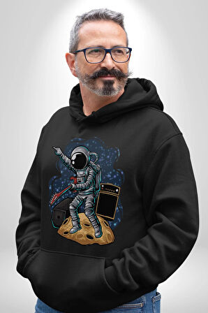 Gitar Astronot Müzik Uzay Kadın Erkek  Siyah Kapüşonlu Sweatshirt Hoodie