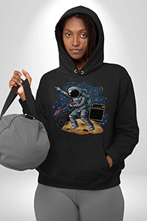 Gitar Astronot Müzik Uzay Kadın Erkek  Siyah Kapüşonlu Sweatshirt Hoodie