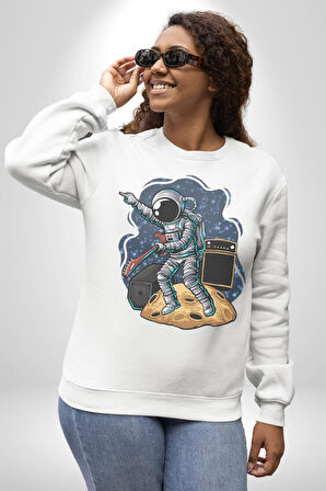 Gitar Astronot Müzik Uzay Kadın Erkek  Beyaz Baskılı Sweatshirt 