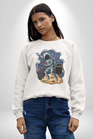 Gitar Astronot Müzik Uzay Kadın Erkek  Beyaz Baskılı Sweatshirt 