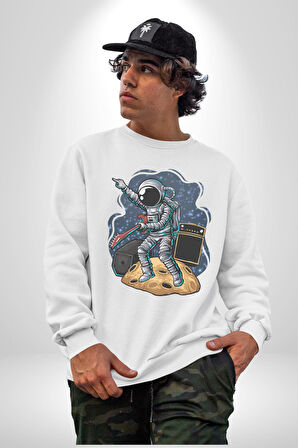 Gitar Astronot Müzik Uzay Kadın Erkek  Beyaz Baskılı Sweatshirt 