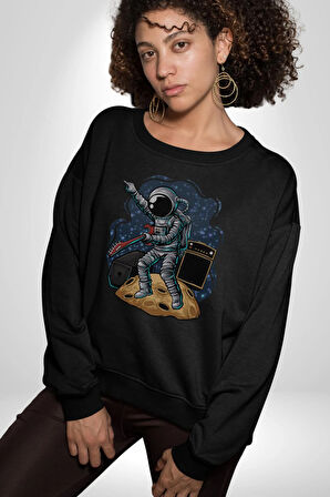 Gitar Astronot Müzik Uzay Kadın Erkek  Siyah Baskılı Sweatshirt 