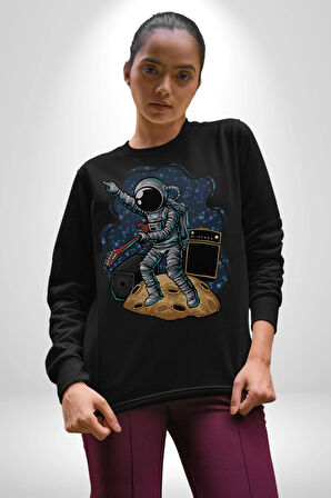 Gitar Astronot Müzik Uzay Kadın Erkek  Siyah Baskılı Sweatshirt 
