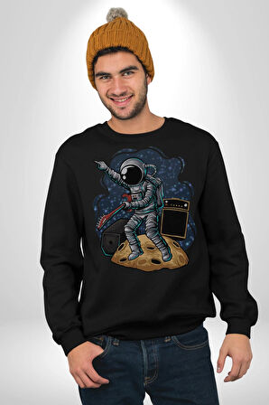 Gitar Astronot Müzik Uzay Kadın Erkek  Siyah Baskılı Sweatshirt 