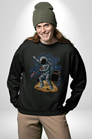 Gitar Astronot Müzik Uzay Kadın Erkek  Siyah Baskılı Sweatshirt 