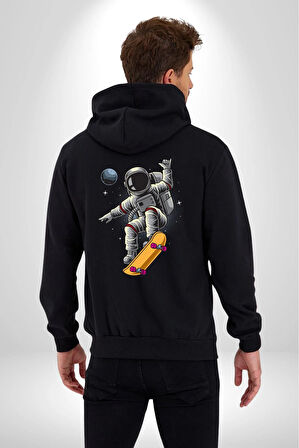 Atronot Kaykay Uzay Mars Kadın Erkek Siyah Renk Kapüşonlu Kanguru Cepli  Fermuarlı Pamuklu Oversize Dijital Baskılı Hırka Sweatshirt