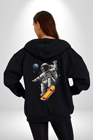 Atronot Kaykay Uzay Mars Kadın Erkek Siyah Renk Kapüşonlu Kanguru Cepli  Fermuarlı Pamuklu Oversize Dijital Baskılı Hırka Sweatshirt