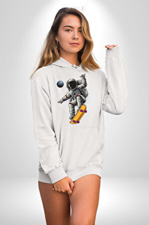 Atronot Kaykay Uzay Mars Kadın Erkek  Beyaz Kapüşonlu Sweatshirt Hoodie