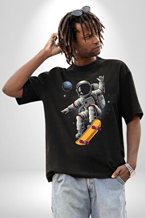 Atronot Kaykay Uzay Mars Pamuklu Bisiklet Yaka Kadın Erkek Oversize Boyfriend Dijital Baskılı Siyah T-shirt