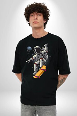 Atronot Kaykay Uzay Mars Pamuklu Bisiklet Yaka Kadın Erkek Oversize Boyfriend Dijital Baskılı Siyah T-shirt