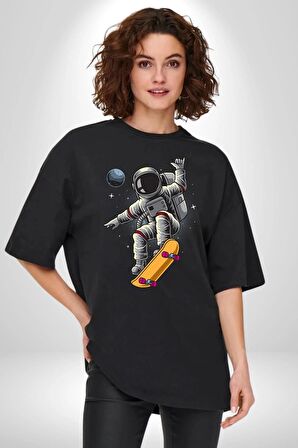 Atronot Kaykay Uzay Mars Pamuklu Bisiklet Yaka Kadın Erkek Oversize Boyfriend Dijital Baskılı Siyah T-shirt