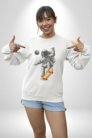 Atronot Kaykay Uzay Mars Kadın Erkek  Beyaz Baskılı Sweatshirt 
