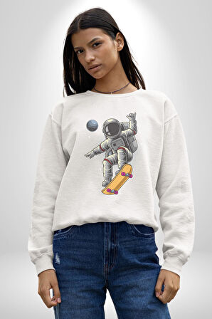 Atronot Kaykay Uzay Mars Kadın Erkek  Beyaz Baskılı Sweatshirt 