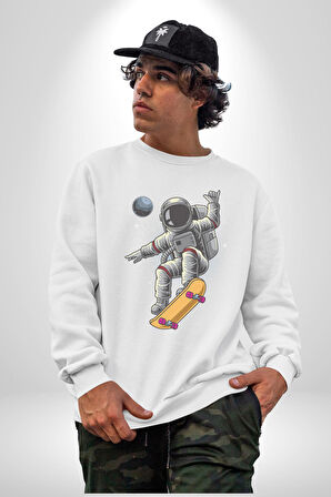 Atronot Kaykay Uzay Mars Kadın Erkek  Beyaz Baskılı Sweatshirt 