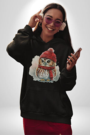 Kış Kırmızı Atkı Bere Baykuş Kadın Erkek  Siyah Kapüşonlu Sweatshirt Hoodie