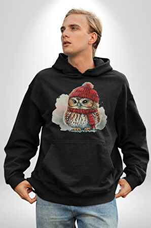 Kış Kırmızı Atkı Bere Baykuş Kadın Erkek  Siyah Kapüşonlu Sweatshirt Hoodie