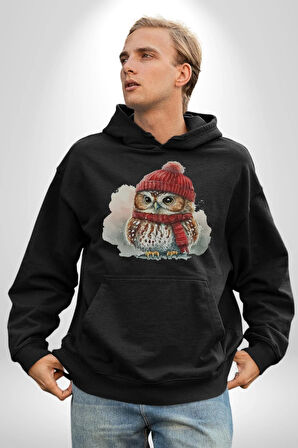 Kış Kırmızı Atkı Bere Baykuş Kadın Erkek  Siyah Kapüşonlu Sweatshirt Hoodie