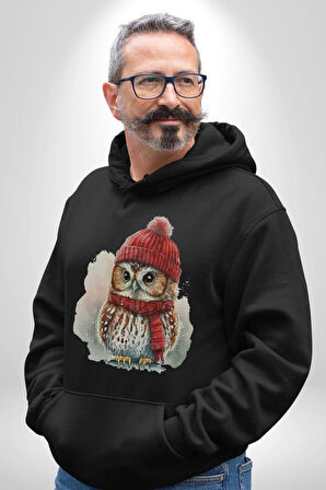 Kış Kırmızı Atkı Bere Baykuş Kadın Erkek  Siyah Kapüşonlu Sweatshirt Hoodie