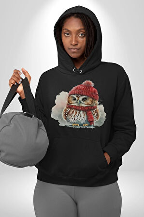 Kış Kırmızı Atkı Bere Baykuş Kadın Erkek  Siyah Kapüşonlu Sweatshirt Hoodie