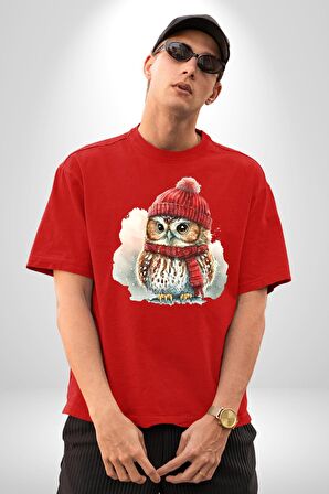 Kış Kırmızı Atkı Bere Baykuş Pamuklu Bisiklet Yaka Kadın Erkek Oversize Boyfriend Dijital Baskılı Kırmızı T-Shirt