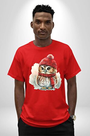 Kış Kırmızı Atkı Bere Baykuş Pamuklu Bisiklet Yaka Kadın Erkek Oversize Boyfriend Dijital Baskılı Kırmızı T-Shirt