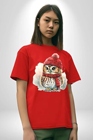 Kış Kırmızı Atkı Bere Baykuş Pamuklu Bisiklet Yaka Kadın Erkek Oversize Boyfriend Dijital Baskılı Kırmızı T-Shirt