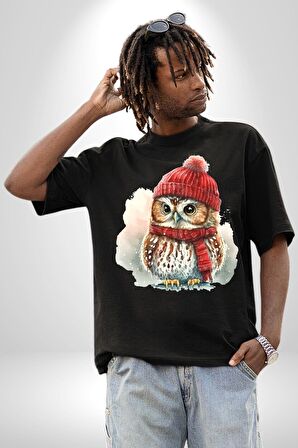 Kış Kırmızı Atkı Bere Baykuş Pamuklu Bisiklet Yaka Kadın Erkek Oversize Boyfriend Dijital Baskılı Siyah T-shirt